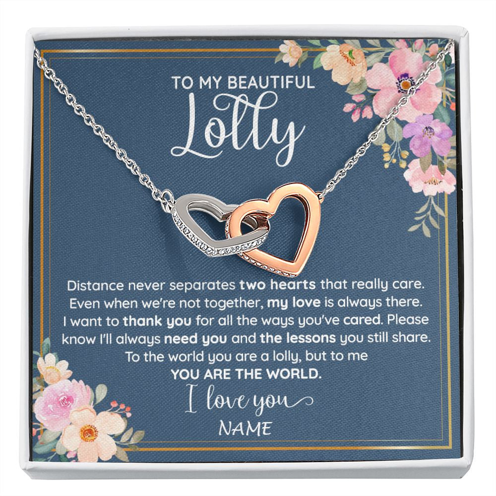 Interlocking Hearts Necklace | Personalized To My Beautiful Lolly Necklace From Grandkids Granddaughter You Are The World Lolly Birthday Mothers Day Jewelry Customized Gift Box Message Card | siriusteestore