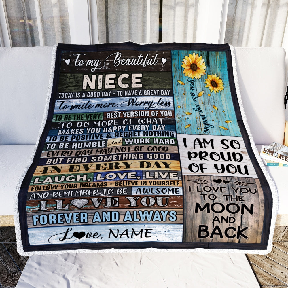 Personalized To My Beautiful Niece Blanket From Aunt Auntie Uncle Is A Good Day To Have A Great Day Wood Birthday Christmas Customized Fleece Blanket | siriusteestore