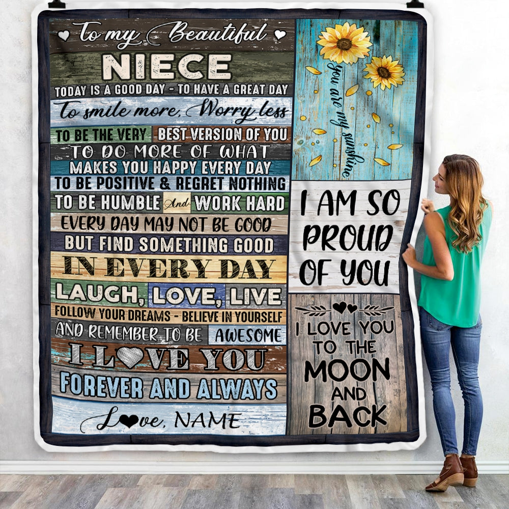 Personalized To My Beautiful Niece Blanket From Aunt Auntie Uncle Is A Good Day To Have A Great Day Wood Birthday Christmas Customized Fleece Blanket | siriusteestore