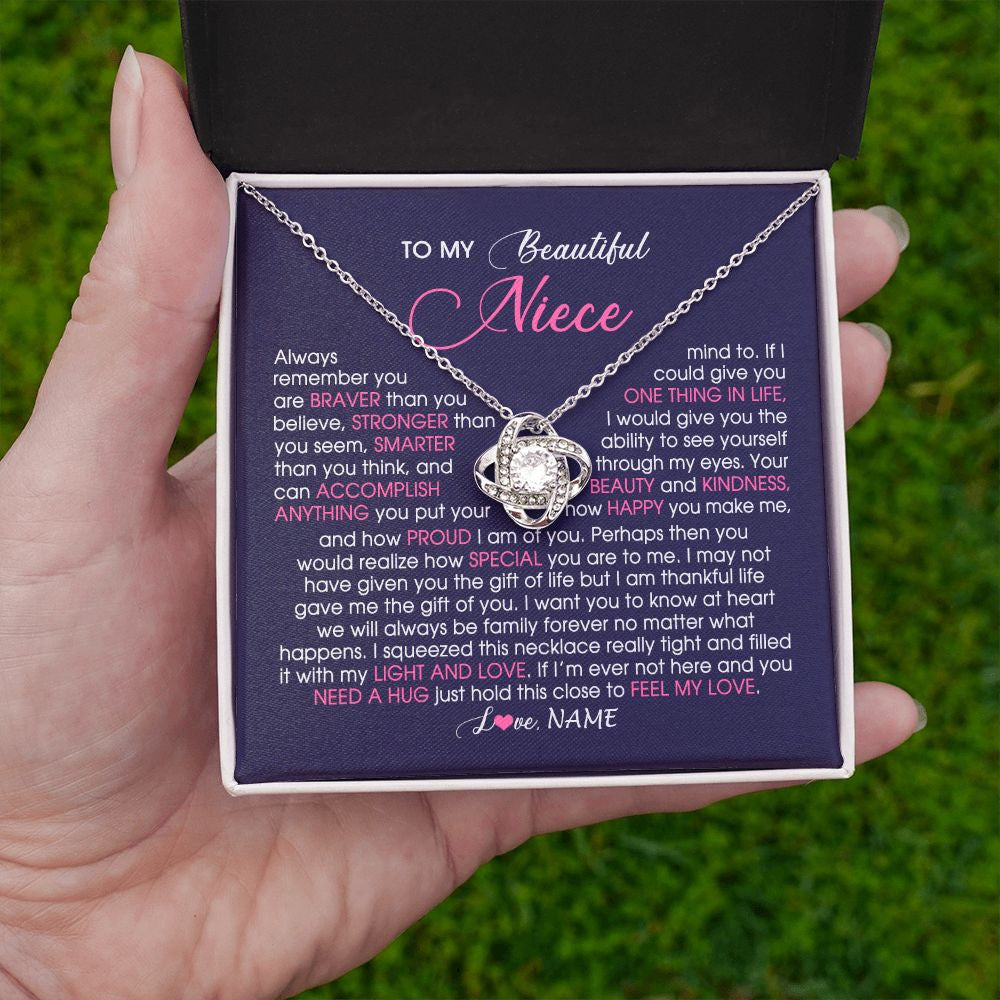 Love Knot Necklace | Personalized To My Beautiful Niece Necklace From Aunt Uncle Auntie Feel My Love Niece Birthday Christmas Graduation Jewelry Customized Gift Box Message Card | siriusteestore