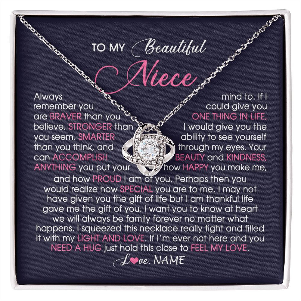 Love Knot Necklace | Personalized To My Beautiful Niece Necklace From Aunt Uncle Auntie Feel My Love Niece Birthday Christmas Graduation Jewelry Customized Gift Box Message Card | siriusteestore