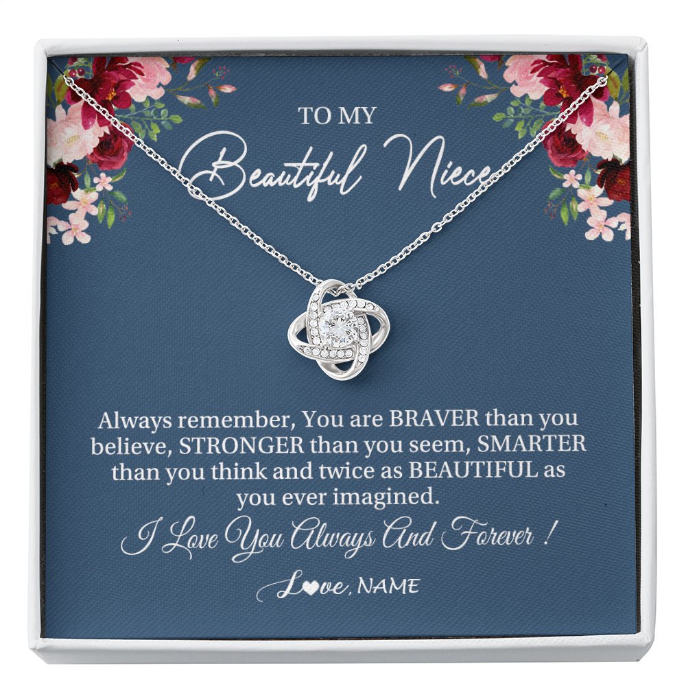 Love Knot Necklace | Personalized To My Beautiful Niece Necklace From Aunt Uncle Braver Stronger Smarter Niece Pendant Jewelry Birthday Graduation Christmas Customized Message Card | siriusteestore