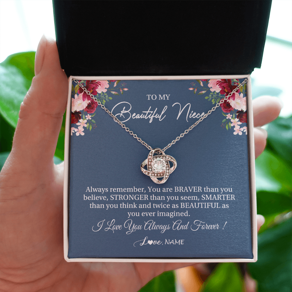 Love Knot Necklace | Personalized To My Beautiful Niece Necklace From Aunt Uncle Braver Stronger Smarter Niece Pendant Jewelry Birthday Graduation Christmas Customized Message Card | siriusteestore