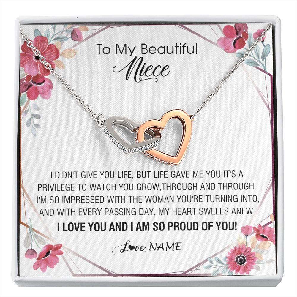 Interlocking Hearts Necklace | Personalized To My Beautiful Niece Necklace from Aunt Auntie Life Gave Me You Niece Birthday Thanksgiving Graduation Christmas Customized Gift Box Message Card | siriusteestore