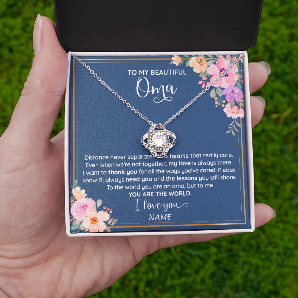 Love Knot Necklace | Personalized To My Beautiful Oma Necklace From Grandkids Granddaughter You Are The World Oma Birthday Mothers Day Christmas Customized Gift Box Message Card | siriusteestore