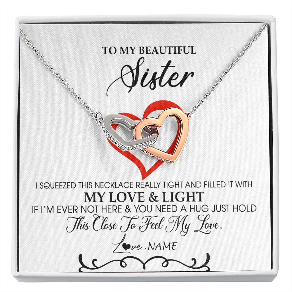 Interlocking Hearts Necklace | Personalized To My Beautiful Sister Necklace From Sister Brother Filled With My Love and Light Sister Pendant Jewelry Birthday Christmas Customized Message Card | siriusteestore