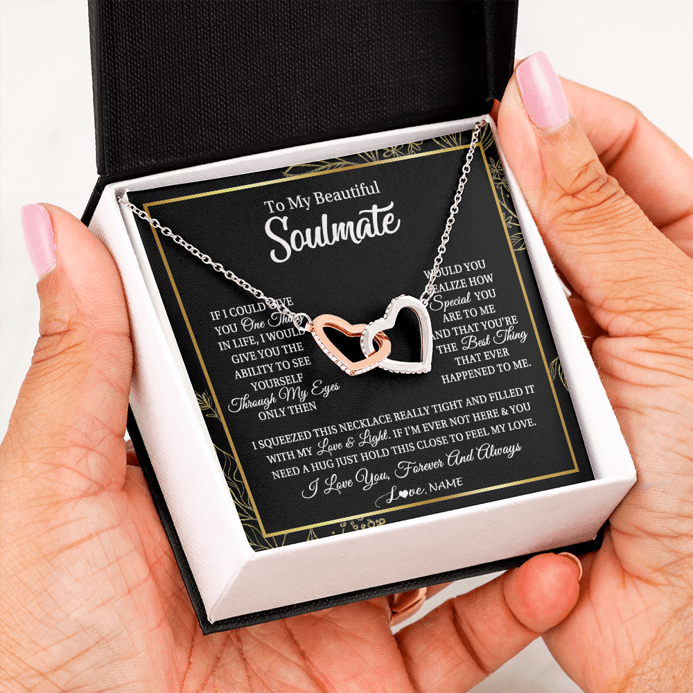 Interlocking Hearts Necklace | Personalized To My Beautiful Soulmate Necklace From Husband Boyfriend Feel My Love For Her Future Wife Girlfriend Birthday Anniversary Customized Message Card | siriusteestore