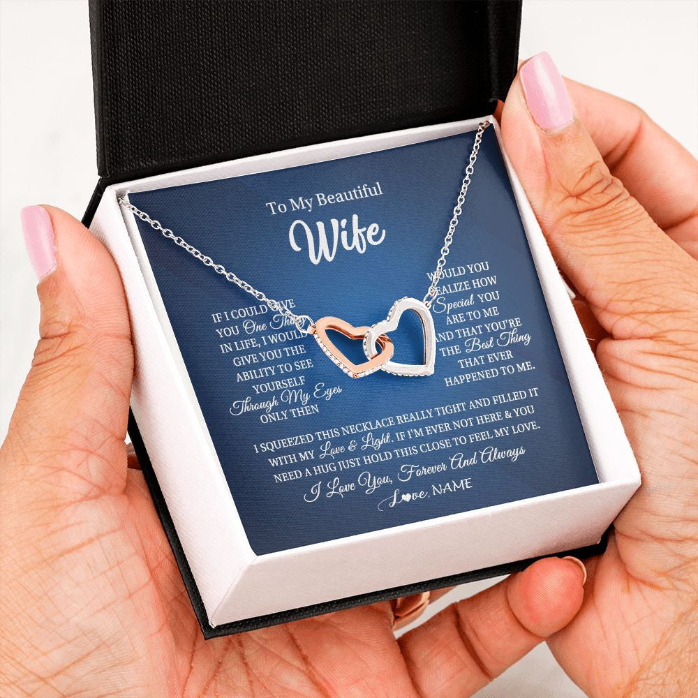 Interlocking Hearts Necklace | Personalized To My Beautiful Wife Necklace From Husband Hold This Close My Love Wife Birthday Anniversary Valentine Christmas Customized Gift Box Message Card | siriusteestore
