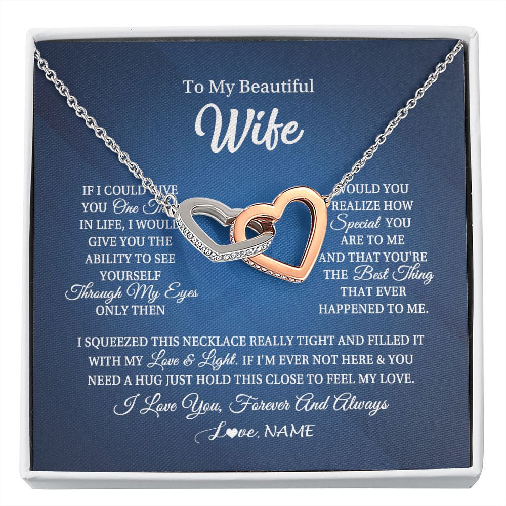 Interlocking Hearts Necklace | Personalized To My Beautiful Wife Necklace From Husband Hold This Close My Love Wife Birthday Anniversary Valentine Christmas Customized Gift Box Message Card | siriusteestore