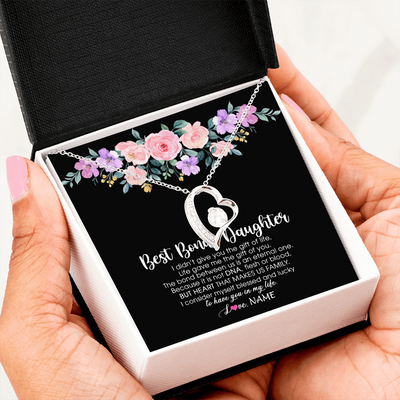 Forever Love Necklace | Personalized To My Best Bonus Daughter Necklace From Bonus Mom Life Gave Me The Gift Of You Step Daughter Jewelry Birthday Christmas Customized Message Card | siriusteestore