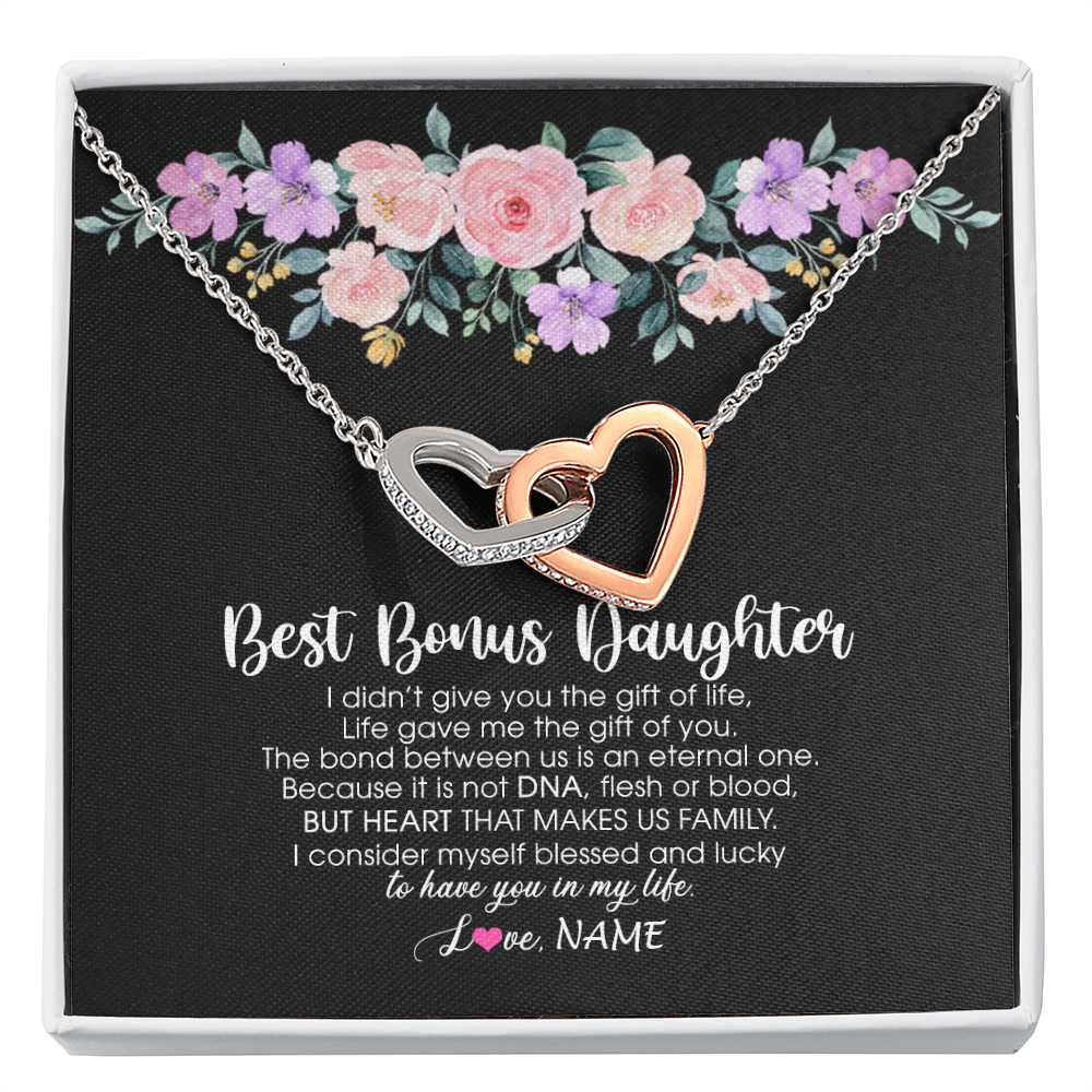 Interlocking Hearts Necklace | Personalized To My Best Bonus Daughter Necklace From Bonus Mom Life Gave Me The Gift Of You Step Daughter Jewelry Birthday Christmas Customized Message Card | siriusteestore