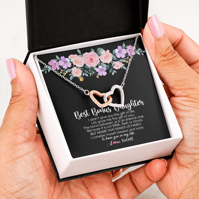 Interlocking Hearts Necklace | Personalized To My Best Bonus Daughter Necklace From Bonus Mom Life Gave Me The Gift Of You Step Daughter Jewelry Birthday Christmas Customized Message Card | siriusteestore