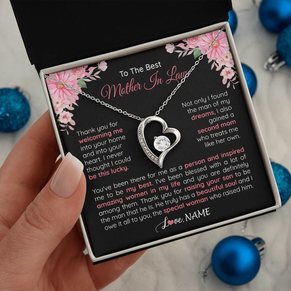 Forever Love Necklace | Personalized To My Best Mother In Law Necklace From Daugter In Law Thank You Husband Mom Mother Birthday Wedding Day Christmas Customized Gift Box Message Card | siriusteestore