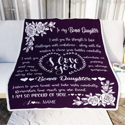 Personalized To My Bonus Daughter Blanket From Mom I Wish You The Strength Daughter StepDaughter Birthday Graduation Christmas Customized Bed Fleece Blanket | siriusteestore