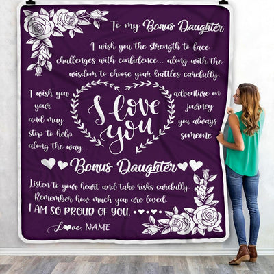 Personalized To My Bonus Daughter Blanket From Mom I Wish You The Strength Daughter StepDaughter Birthday Graduation Christmas Customized Bed Fleece Blanket | siriusteestore