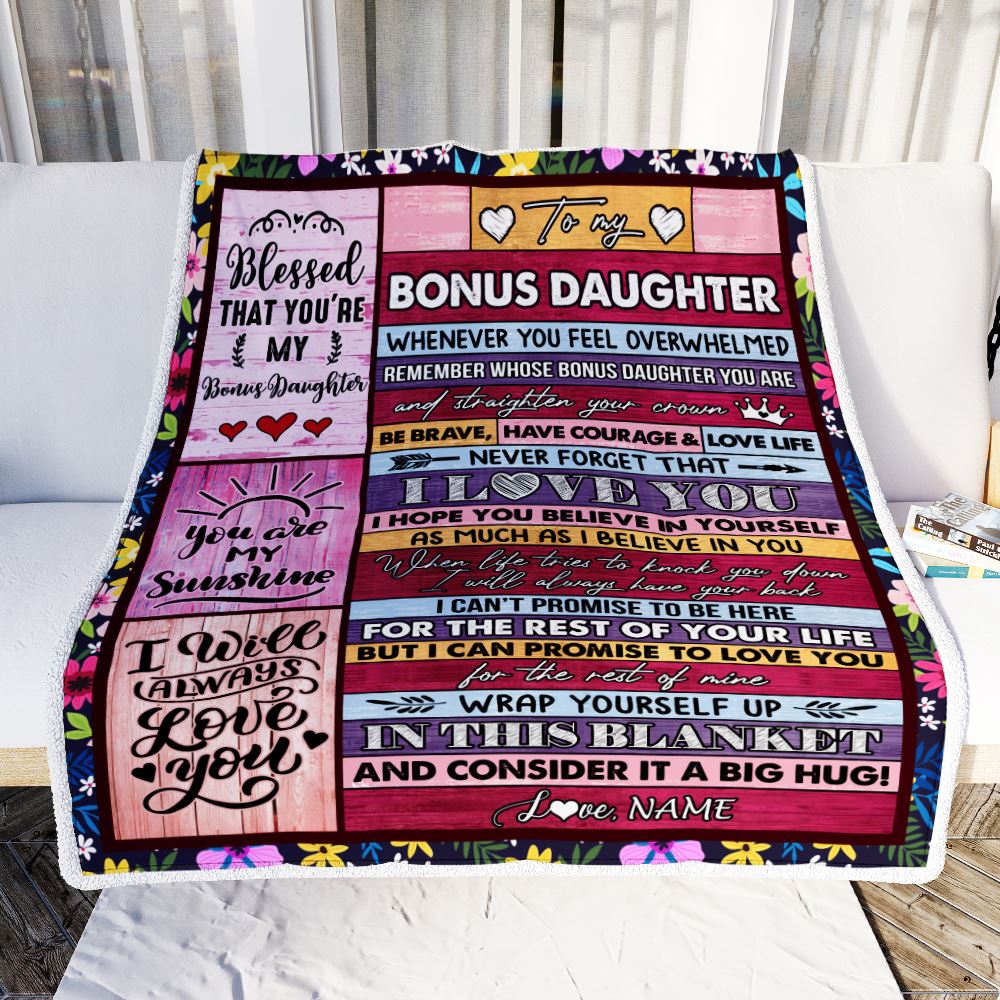 Personalized To My Bonus Daughter Blanket From Mom Wood Be Brave Have Courage Love Life Stepdaughter Birthday Christmas Customized Fleece Blanket | siriusteestore