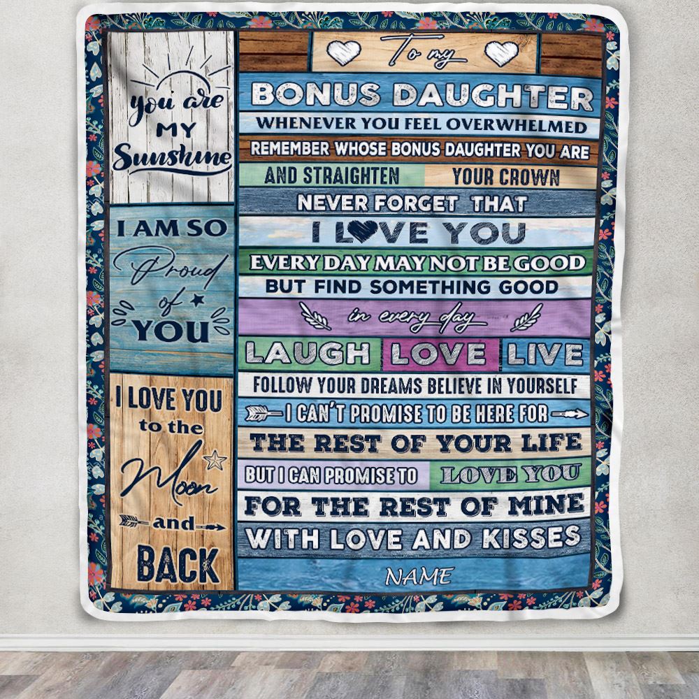 Personalized To My Bonus Daughter Blanket From Mom Wood Whenever You Feel Overwhelmed Stepdaughter Birthday Graduation Christmas Customized Fleece Blanket | siriusteestore