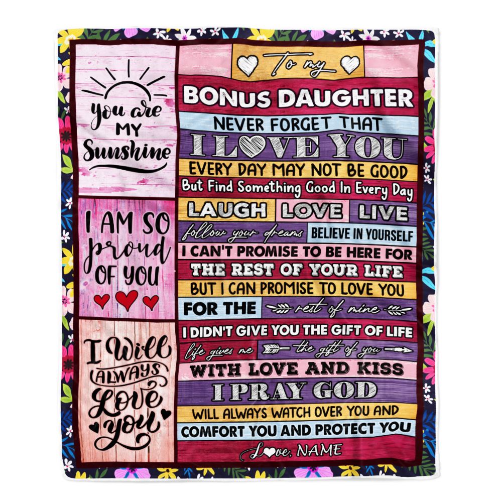 Personalized To My Bonus Daughter Blanket From Mom Wood You Are My Sunshine I Love You Birthday Graduation Christmas Customized Bed Fleece Throw Blanket | siriusteestore