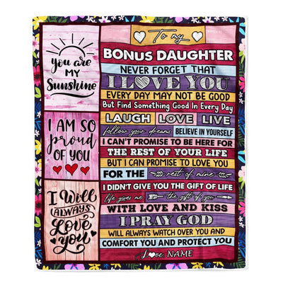 Personalized To My Bonus Daughter Blanket From Mom Wood You Are My Sunshine I Love You Birthday Graduation Christmas Customized Bed Fleece Throw Blanket | siriusteestore