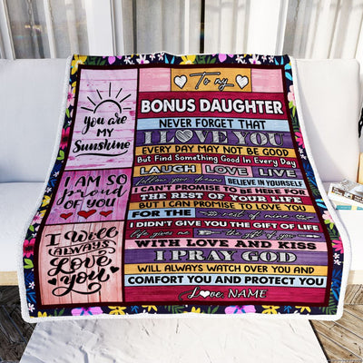 Personalized To My Bonus Daughter Blanket From Mom Wood You Are My Sunshine I Love You Birthday Graduation Christmas Customized Bed Fleece Throw Blanket | siriusteestore