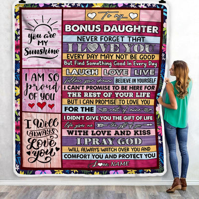 Personalized To My Bonus Daughter Blanket From Mom Wood You Are My Sunshine I Love You Birthday Graduation Christmas Customized Bed Fleece Throw Blanket | siriusteestore