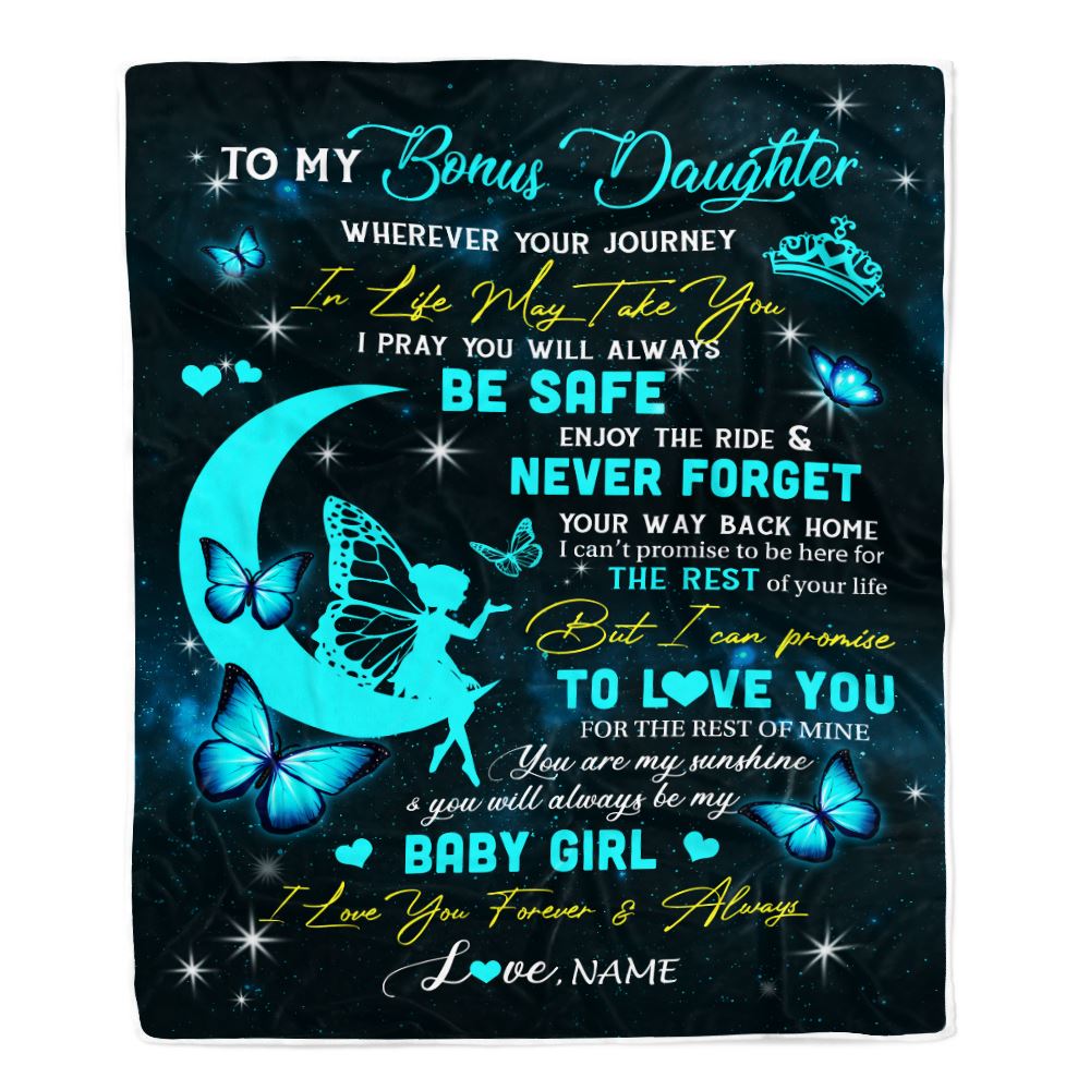 Personalized To My Bonus Daughter Blanket From Stepmom Fairy Silhouette Fantasy Moon Stepdaughter Birthday Graduation Christmas Customized Fleece Throw Blanket | siriusteestore