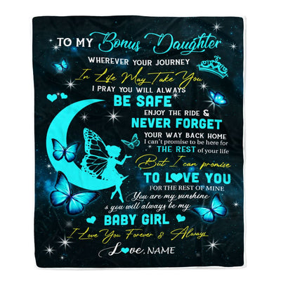 Personalized To My Bonus Daughter Blanket From Stepmom Fairy Silhouette Fantasy Moon Stepdaughter Birthday Graduation Christmas Customized Fleece Throw Blanket | siriusteestore