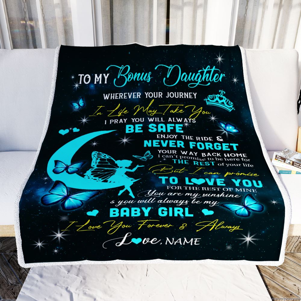 Personalized To My Bonus Daughter Blanket From Stepmom Fairy Silhouette Fantasy Moon Stepdaughter Birthday Graduation Christmas Customized Fleece Throw Blanket | siriusteestore