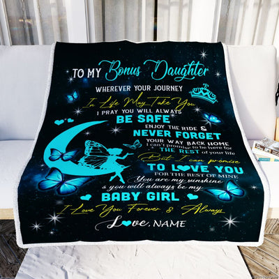 Personalized To My Bonus Daughter Blanket From Stepmom Fairy Silhouette Fantasy Moon Stepdaughter Birthday Graduation Christmas Customized Fleece Throw Blanket | siriusteestore