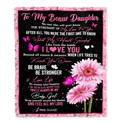 Personalized To My Bonus Daughter Blanket From Stepmom I Love You Pink Daisy Butterfly Stepdaughter Birthday Graduation Christmas Customized Fleece Blanket | siriusteestore