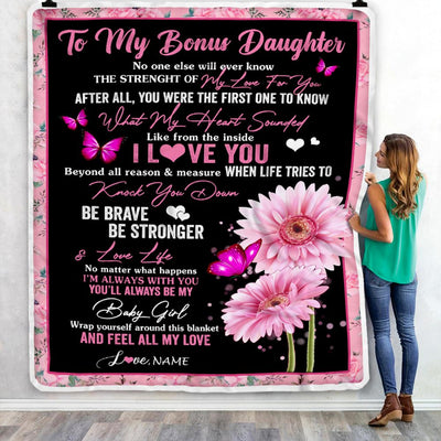 Personalized To My Bonus Daughter Blanket From Stepmom I Love You Pink Daisy Butterfly Stepdaughter Birthday Graduation Christmas Customized Fleece Blanket | siriusteestore