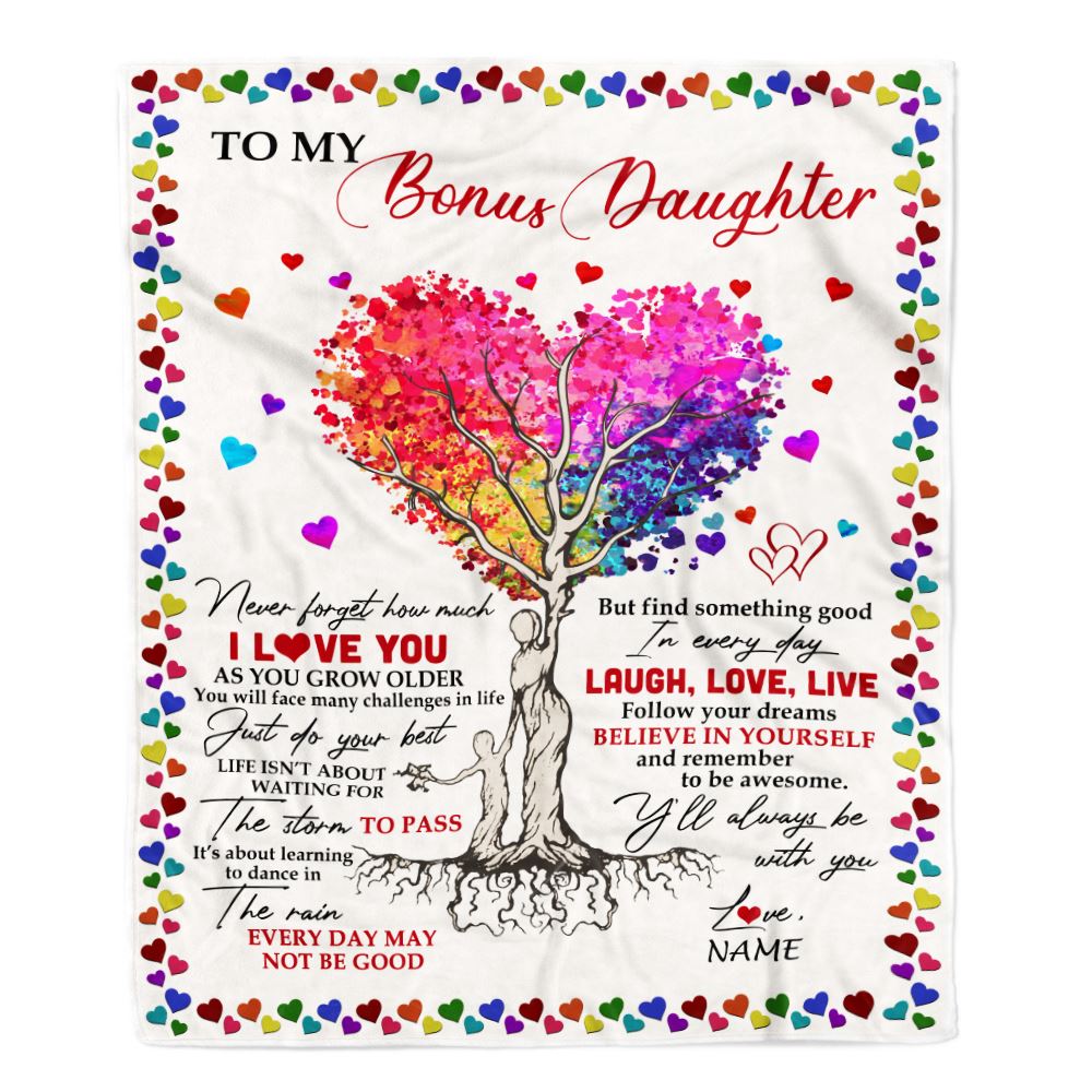 Personalized To My Bonus Daughter Blanket From Stepmother Colorful Tree Never Forget I Love You Stepdaughter Birthday Christmas Customized Fleece Blanket | siriusteestore