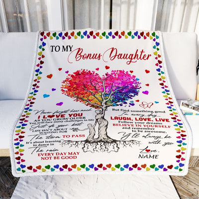Personalized To My Bonus Daughter Blanket From Stepmother Colorful Tree Never Forget I Love You Stepdaughter Birthday Christmas Customized Fleece Blanket | siriusteestore