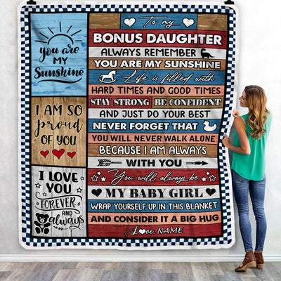 Personalized To My Bonus Daughter Blanket From Stepmother Wood It A Big Hug Stepdaughter Birthday Graduation Christmas Customized Bed Fleece Throw Blanket | siriusteestore