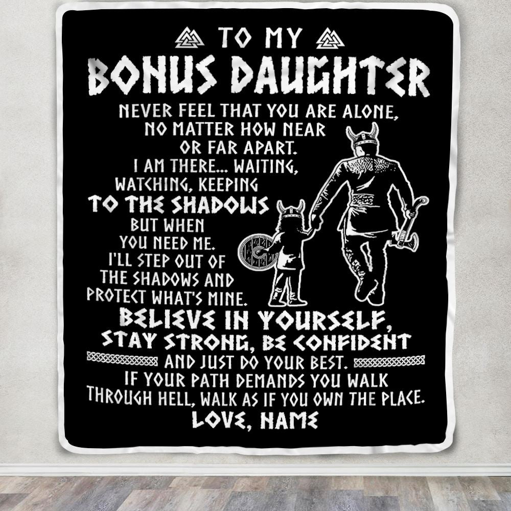 Personalized To My Bonus Daughter Blanket Viking Never Feel You Are Alone Scandinavian Runes Viking Stepdaughter Christmas Customized Bed Fleece Blanket | siriusteestore