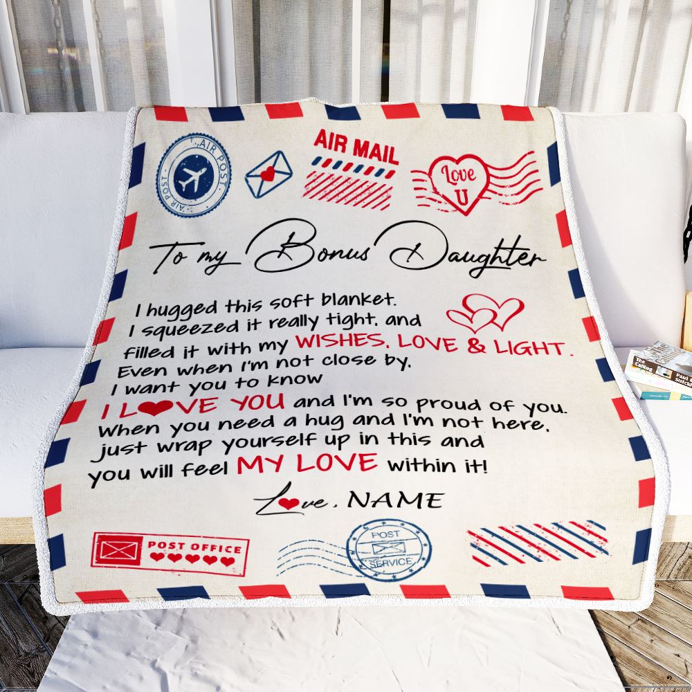 Personalized To My Bonus Daughter Blanket from Stepmom Air Mail Letter I Love You Stepdaughter Birthday Christmas Graduation Customized Fleece Throw Blanket | siriusteestore