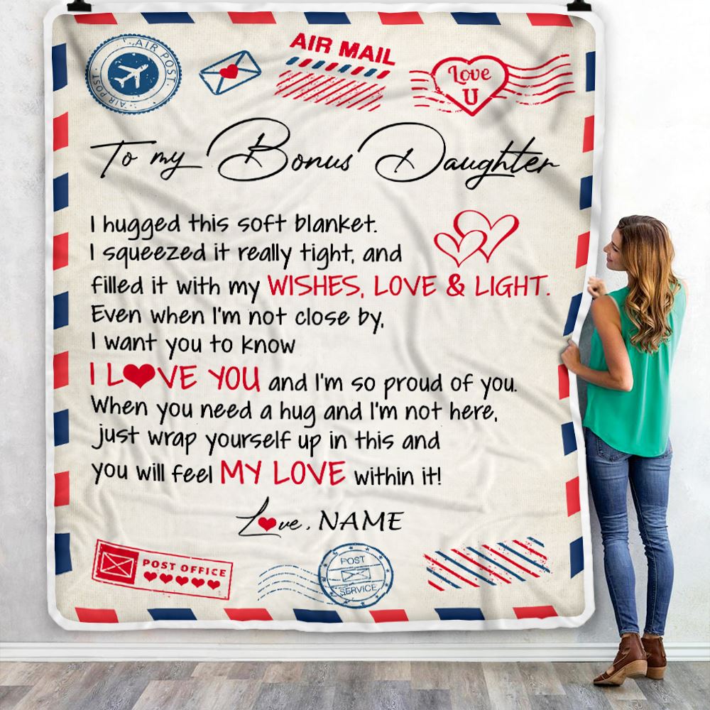 Personalized To My Bonus Daughter Blanket from Stepmom Air Mail Letter I Love You Stepdaughter Birthday Christmas Graduation Customized Fleece Throw Blanket | siriusteestore