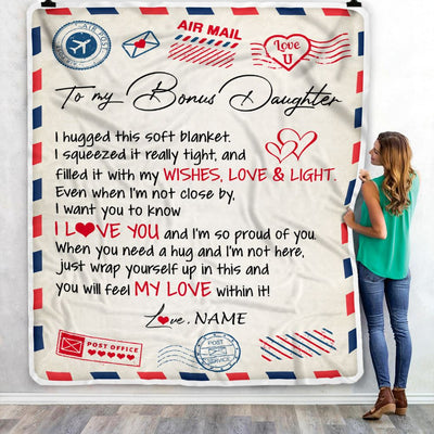 Personalized To My Bonus Daughter Blanket from Stepmom Air Mail Letter I Love You Stepdaughter Birthday Christmas Graduation Customized Fleece Throw Blanket | siriusteestore
