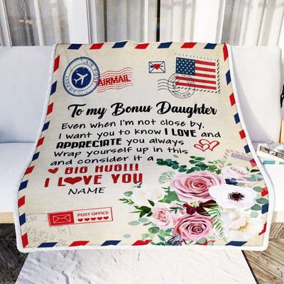 Personalized To My Bonus Daughter Blanket from Stepmom Floral Air Mail Letter I Love You Stepdaughter Birthday Christmas Customized Fleece Throw Blanket | siriusteestore