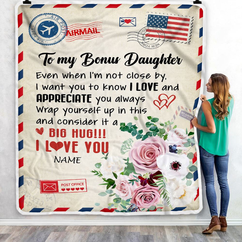 Personalized To My Bonus Daughter Blanket from Stepmom Floral Air Mail Letter I Love You Stepdaughter Birthday Christmas Customized Fleece Throw Blanket | siriusteestore
