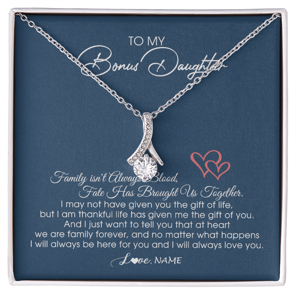 Alluring Beauty Necklace | Personalized To My Bonus Daughter Necklace From Mom Dad We Are Family Forever Jewelry Step Daughter Pendant Birthday Christmas Customized Gift Box Message Card | siriusteestore