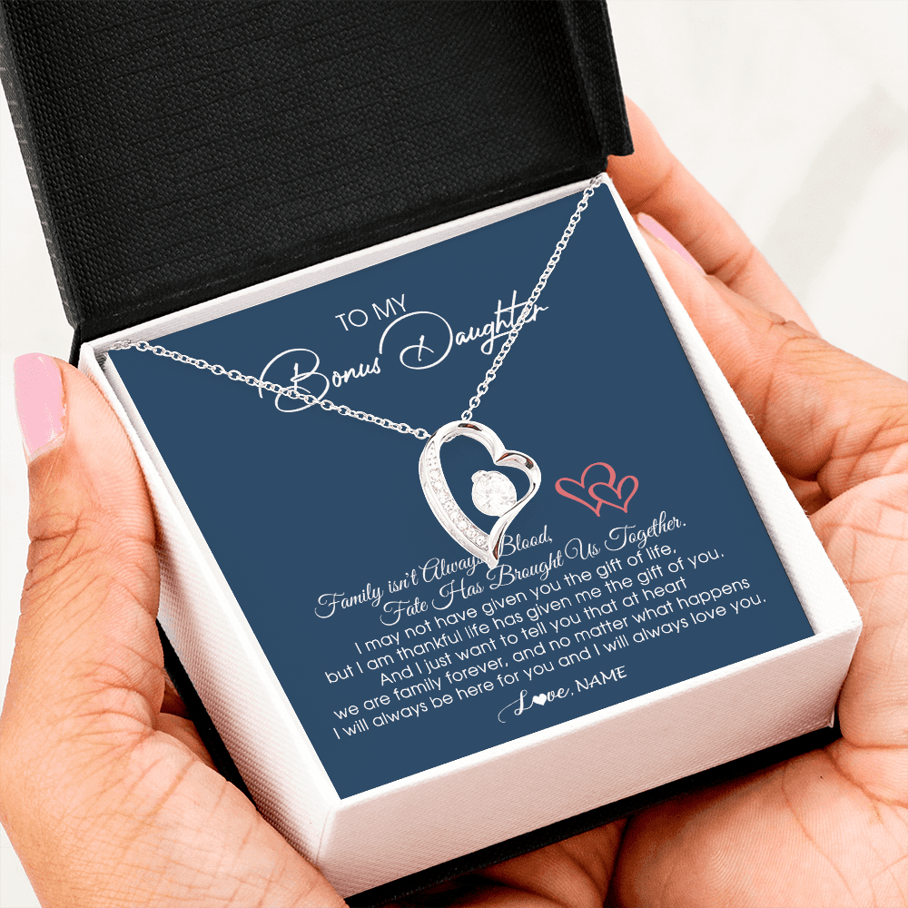Forever Love Necklace | Personalized To My Bonus Daughter Necklace From Mom Dad We Are Family Forever Jewelry Step Daughter Pendant Birthday Christmas Customized Gift Box Message Card | siriusteestore