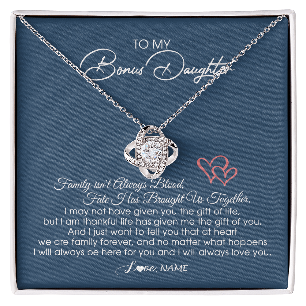Love Knot Necklace | Personalized To My Bonus Daughter Necklace From Mom Dad We Are Family Forever Jewelry Step Daughter Pendant Birthday Christmas Customized Gift Box Message Card | siriusteestore