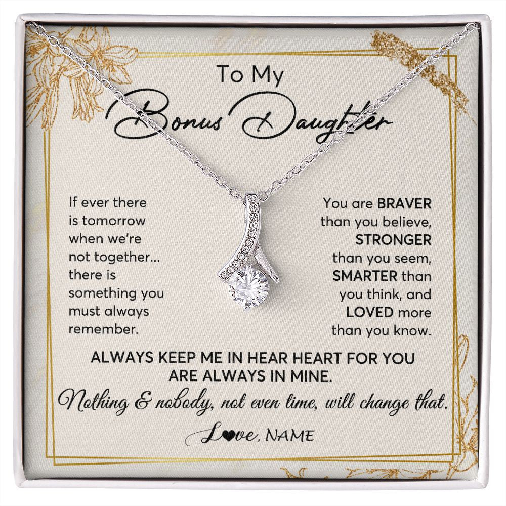 Alluring Beauty Necklace | Personalized To My Bonus Daughter Necklace From Step Mom Always Keep Me In Your Heart Step Daughter Birthday Christmas Customized Gift Box Message Card | siriusteestore
