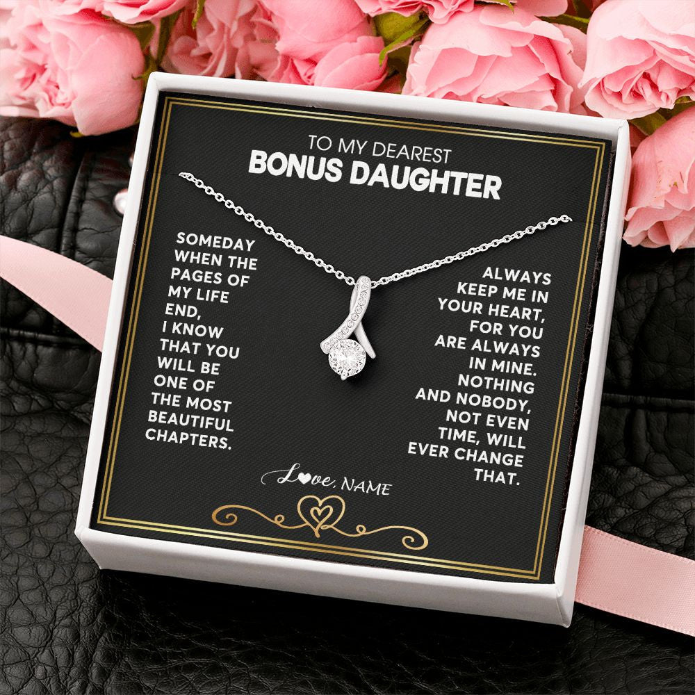 Alluring Beauty Necklace | Personalized To My Bonus Daughter Necklace From Step Mother When The Pages Of My Life End Stepdaughter Birthday Christmas Customized Gift Box Message Card | siriusteestore