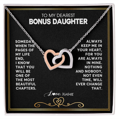 Interlocking Hearts Necklace | Personalized To My Bonus Daughter Necklace From Step Mother When The Pages Of My Life End Stepdaughter Birthday Christmas Customized Gift Box Message Card | siriusteestore