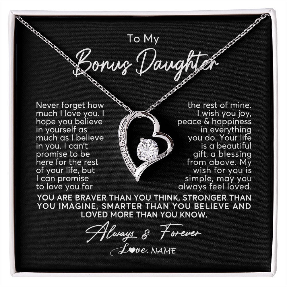 Forever Love Necklace | Personalized To My Bonus Daughter Necklace From Stepmom Never Forget How Much I Love You Stepdaughter Birthday Christmas Customized Gift Box Message Card | siriusteestore