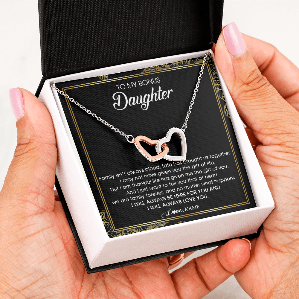Interlocking Hearts Necklace | Personalized To My Bonus Daughter Necklace From Stepmom Stepdad Family Forever Stepdaughter Jewelry Birthday Christmas Customized Gift Box Message Card | siriusteestore