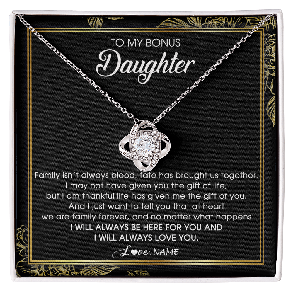 Love Knot Necklace | Personalized To My Bonus Daughter Necklace From Stepmom Stepdad Family Forever Stepdaughter Jewelry Birthday Christmas Customized Gift Box Message Card | siriusteestore