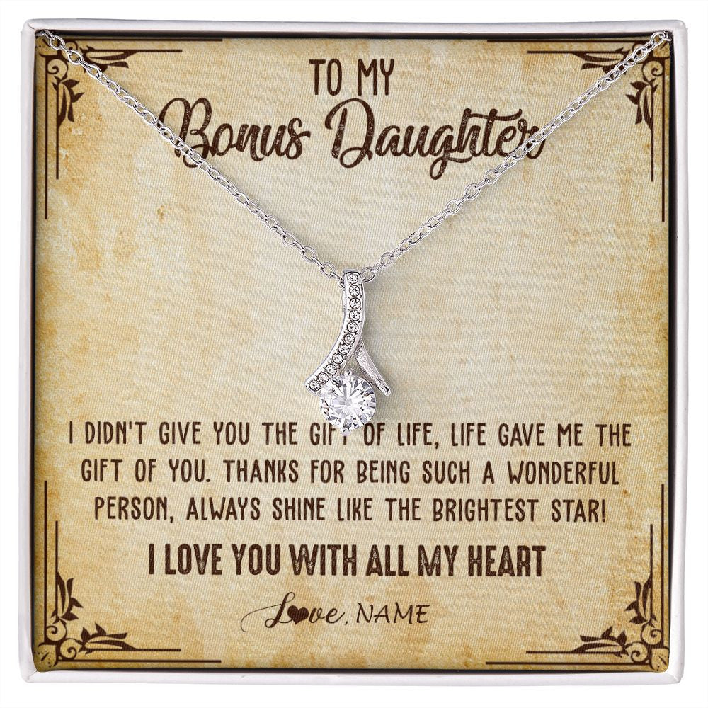 Alluring Beauty Necklace | Personalized To My Bonus Daughter Necklace From Stepmom Stepdad I Love You With All My Heart Stepdaughter Birthday Christmas Customized Gift Box Message Card | siriusteestore